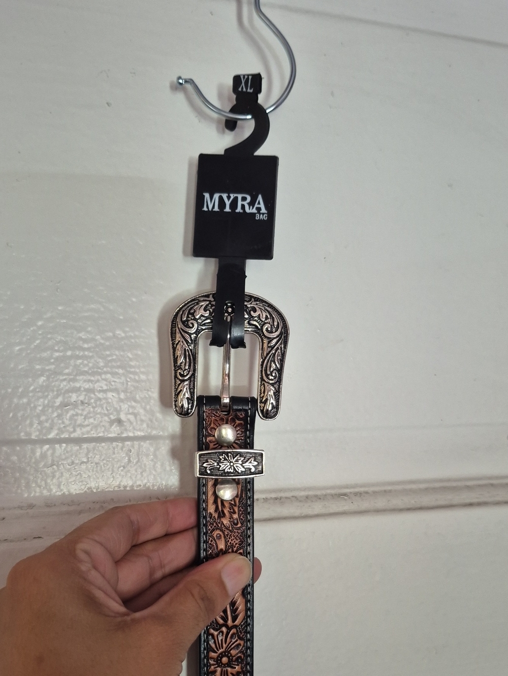 MYRA Floral Tooled Leather Western Belt - Brown & Silver